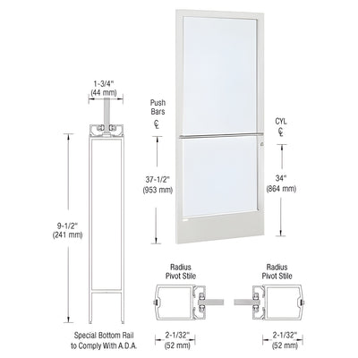 CRL-U.S. Aluminum White KYNAR® Paint 250 Series Narrow Stile (LHR) HLSO Single 3'0 x 7'0 Center Hung for OHCC w/Standard Push Bars Complete Door Std. Lock and 9-1/2" Bottom Rail