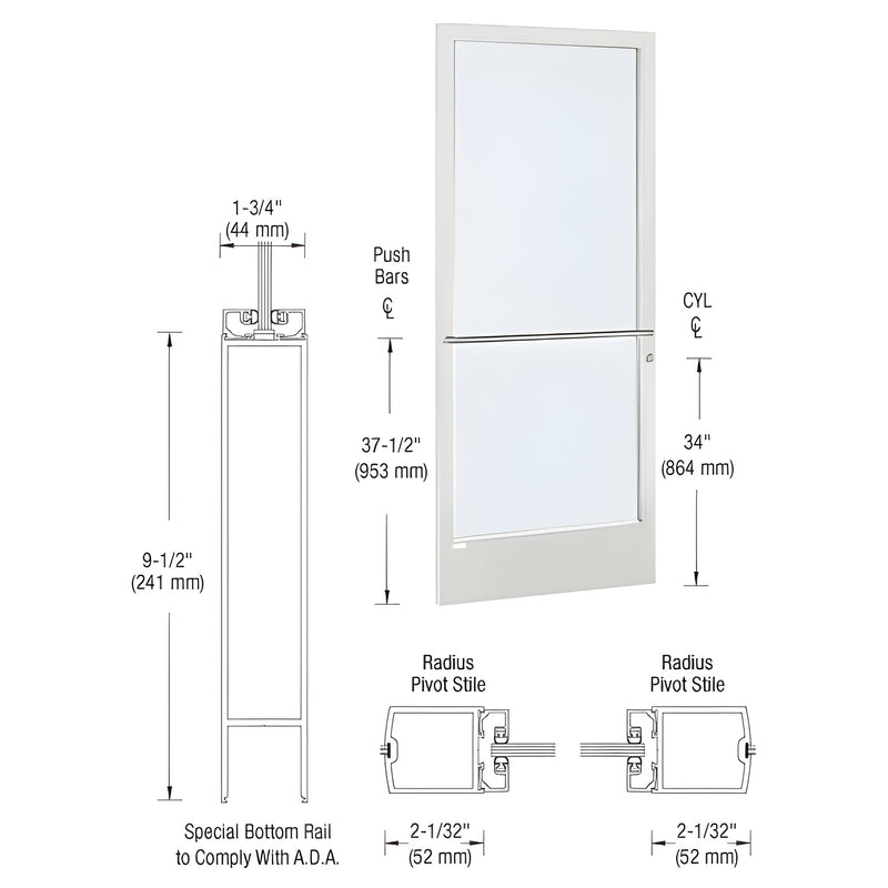 A technical diagram showing the dimensions and components of a white KYNAR 250 series narrow stile single door with a 9-1/2 inch bottom rail.