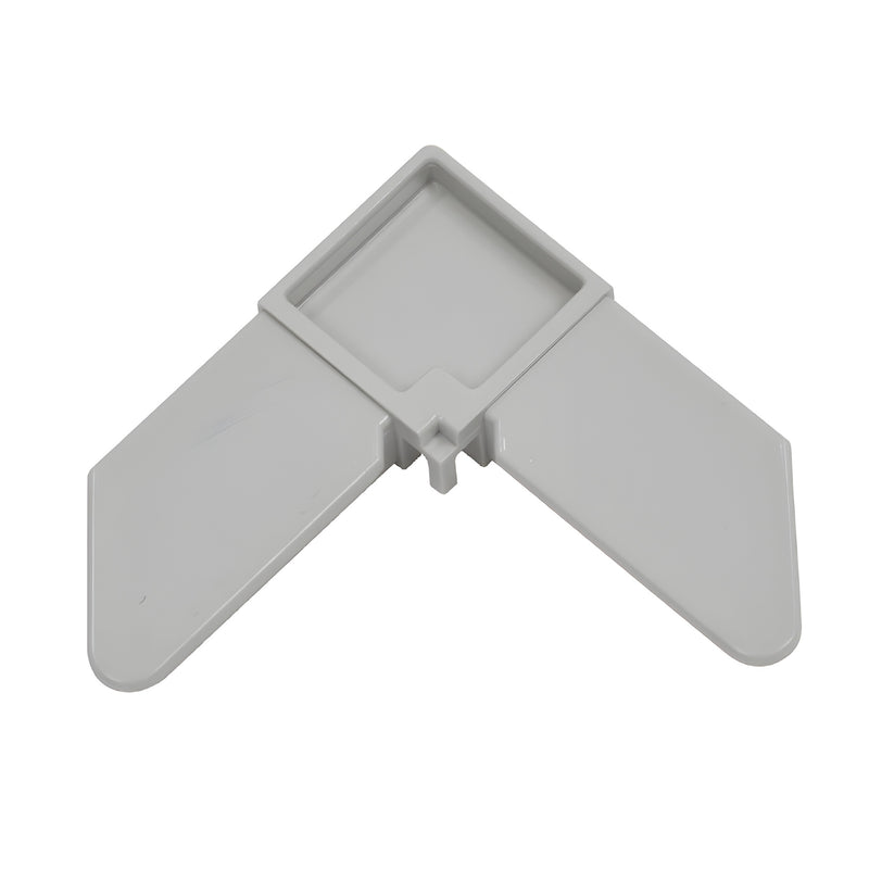 A gray plastic square corner connector designed for 1 inch by 7/16 inch screen frames.