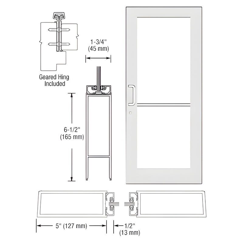 Technical diagram showing the profile and dimensions of a Series 550 wide stile aluminum entrance door with a geared hinge.