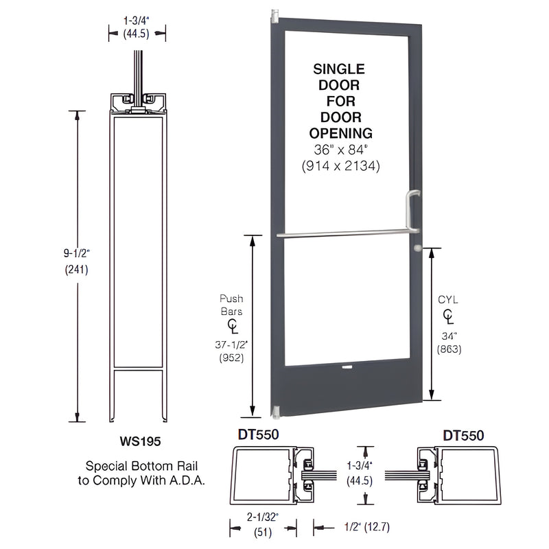 Technical diagram showing a 3'0 x 7'0 narrow stile single door with a 9-1/2 inch bottom rail and black bronze anodized finish.