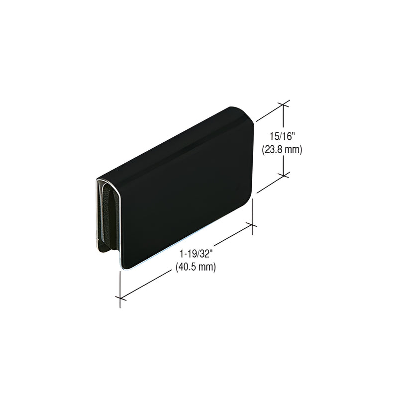 A technical diagram showing the dimensions of a gloss black brass rectangular strike plate for glass applications.