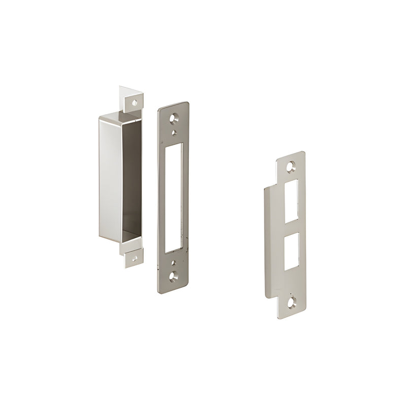 A brushed stainless steel strike plate assembly for entrance center locks shown with its mounting components.