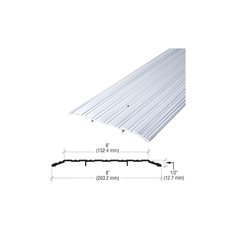 A close-up view of an 8-inch wide aluminum saddle threshold showing its ribbed surface and a technical cross-section diagram.