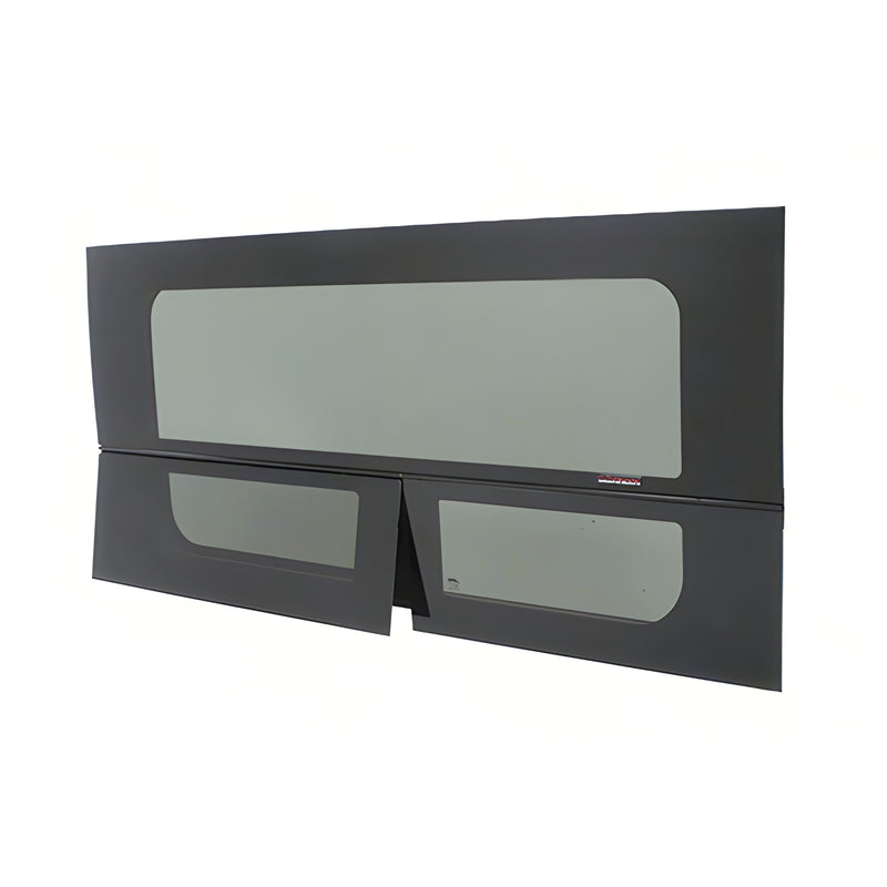 A black CRL passenger side T-vent window for a Ram ProMaster van featuring an all-glass design and an integrated screen.