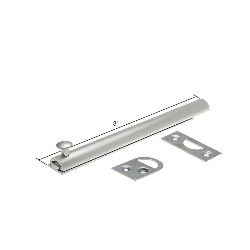 A 3-inch aluminum slide bolt shown with its included strike plate and mounting hardware.