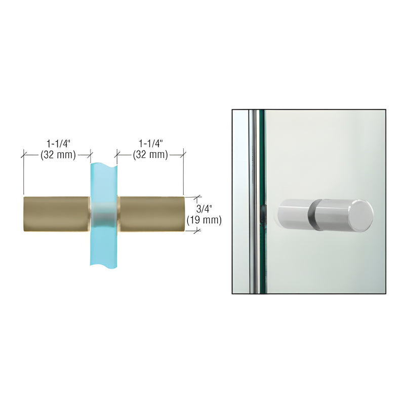 A technical diagram and a close-up photo showing the brushed bronze cylinder shower door knob mounted through a glass panel.