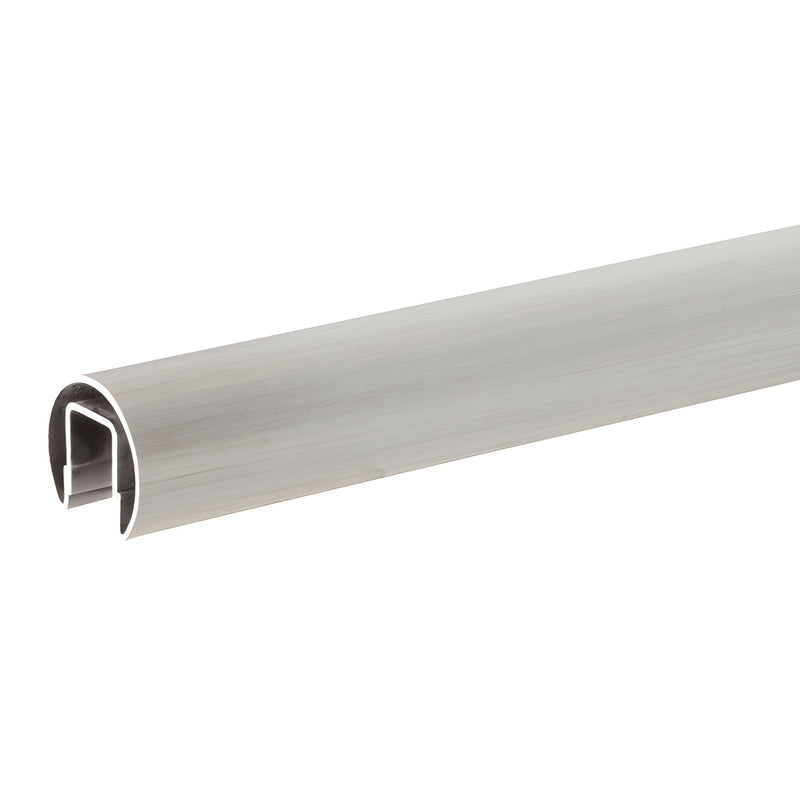 A section of brushed stainless steel cap rail with a U-shaped channel for glass installation.