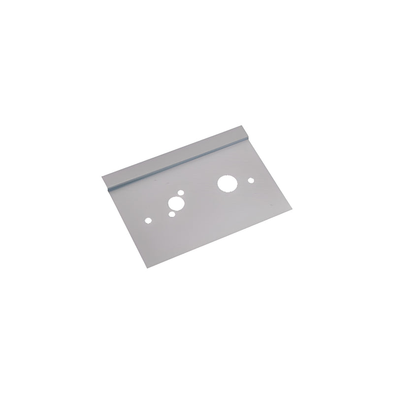 A brushed stainless steel right hand center lock latch guard with pre-drilled mounting holes.