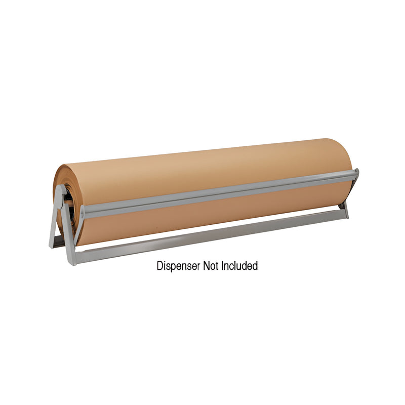 A large roll of brown kraft paper is shown mounted on a metal rack, with a note indicating the dispenser is not included.
