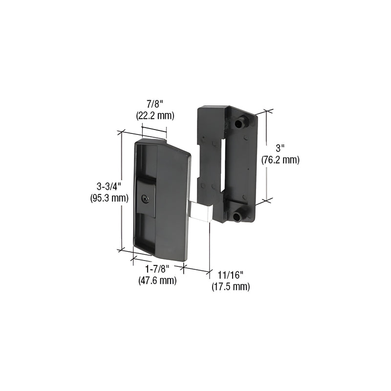 A black plastic sliding screen door latch and pull assembly shown with detailed dimensional measurements.