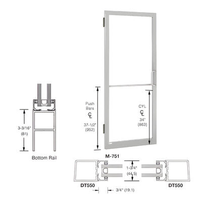 CRL-U.S. Aluminum Clear Anodized 250 Series Narrow Stile (LHR) HLSO Single 3'0 x 7'0 Offset Hung with Butt Hinges for Surf Mount Closer Complete Door Std. MS Lock and Std. Bottom Rail