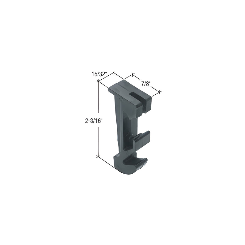 A black overhead balance lift hook shown with dimension labels indicating a height of 2-3/16 inches, a depth of 7/8 inches, and a width of 15/32 inches.