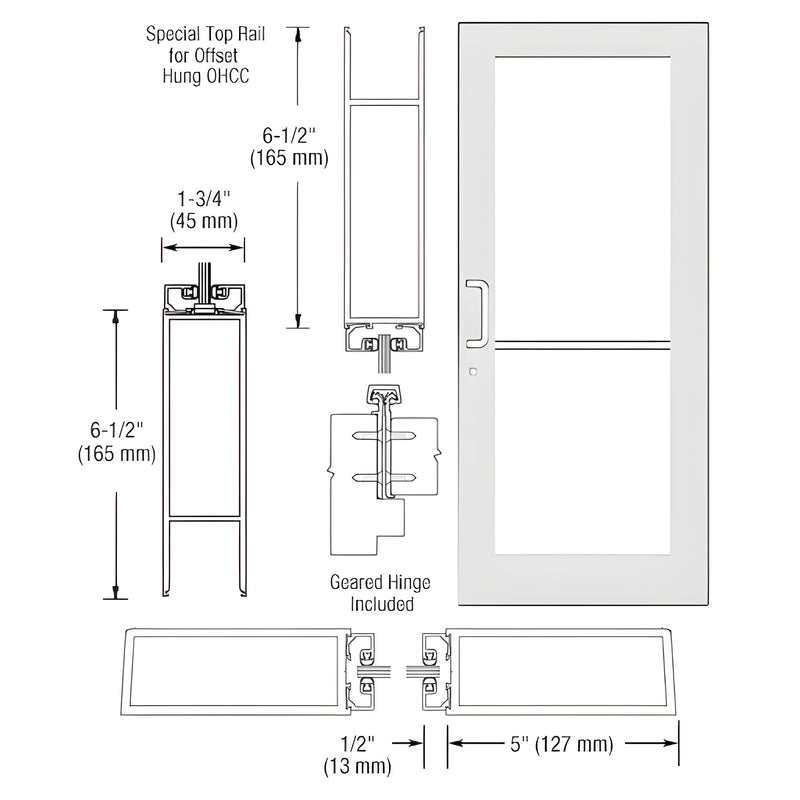 Technical diagram showing the profile and dimensions of a Series 550 wide stile entrance door with a geared hinge.
