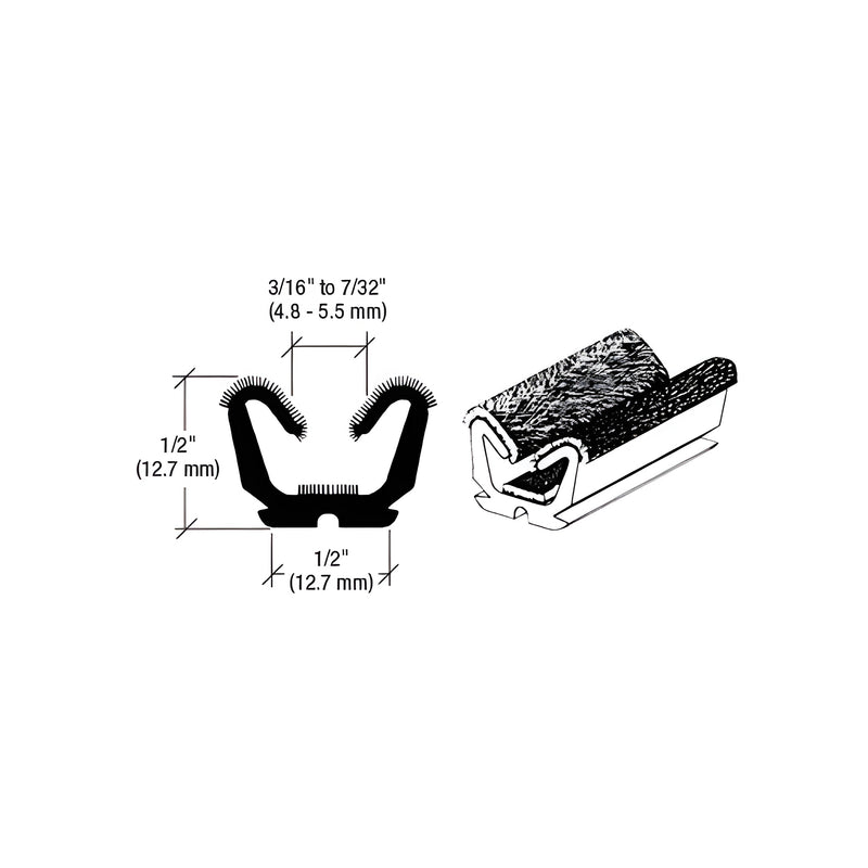Technical diagram showing the cross-section and profile of a black flocked rubber glass run channel with dimensions.
