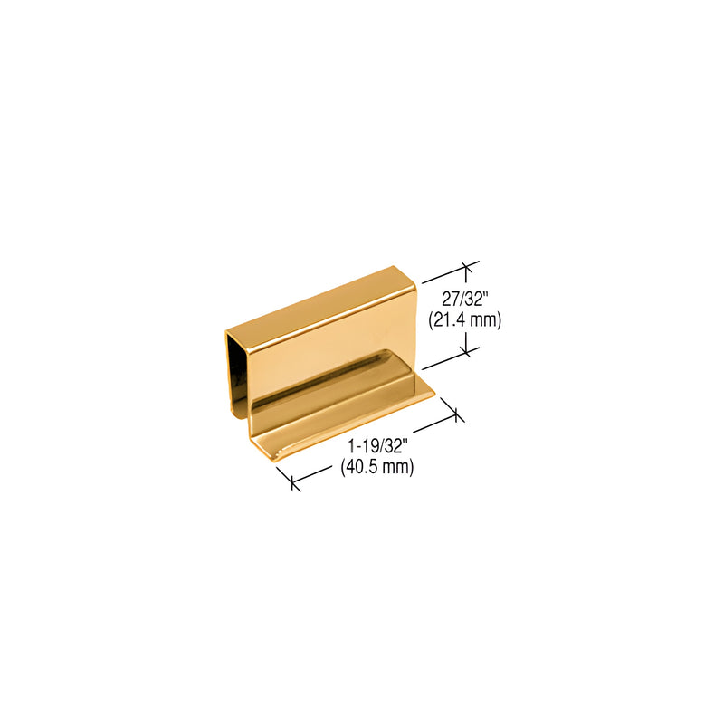 A polished brass finger grip strike plate shown with dimension lines indicating its height and width.