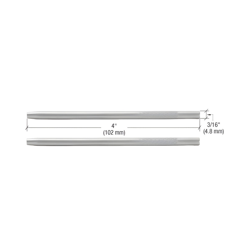 Two stainless steel top rail splice pins shown with dimension labels indicating a 4-inch length and 3/16-inch width.