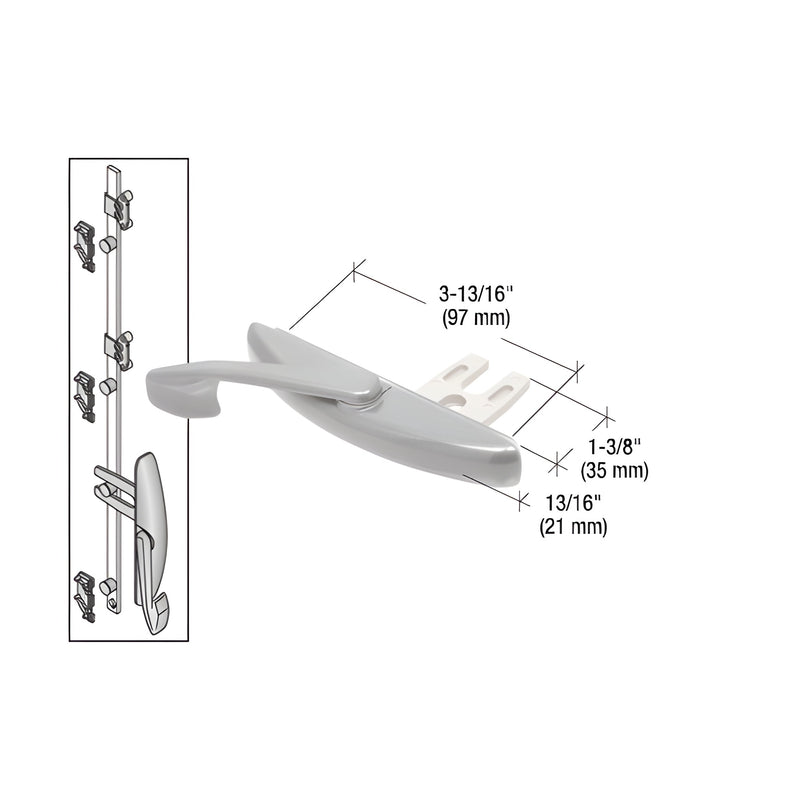 A technical diagram showing the CRL Aluminum Truth 1-3/8" multi-point latch actuator with dimensional measurements and an installation view.