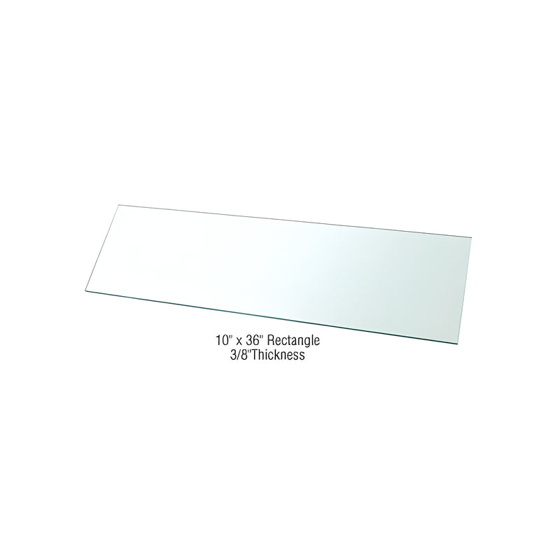 A single rectangular clear tempered glass shelf is shown against a white background.