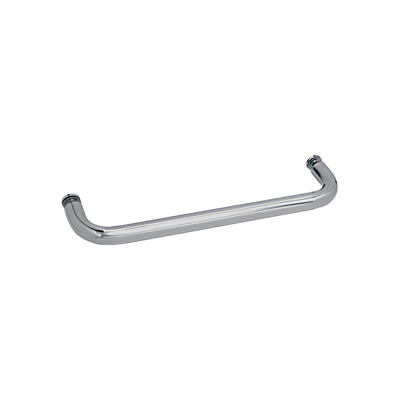 A brushed nickel 18-inch single-sided tubular towel bar designed for glass mounting.
