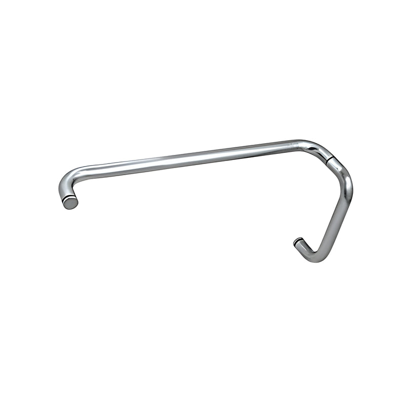 A polished nickel BM series combination pull handle and towel bar for glass shower doors.