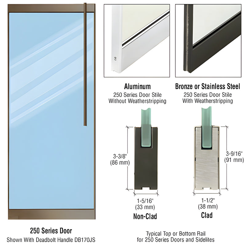 Technical diagram showing the 250 Series door profile, rail dimensions, and aluminum construction details.