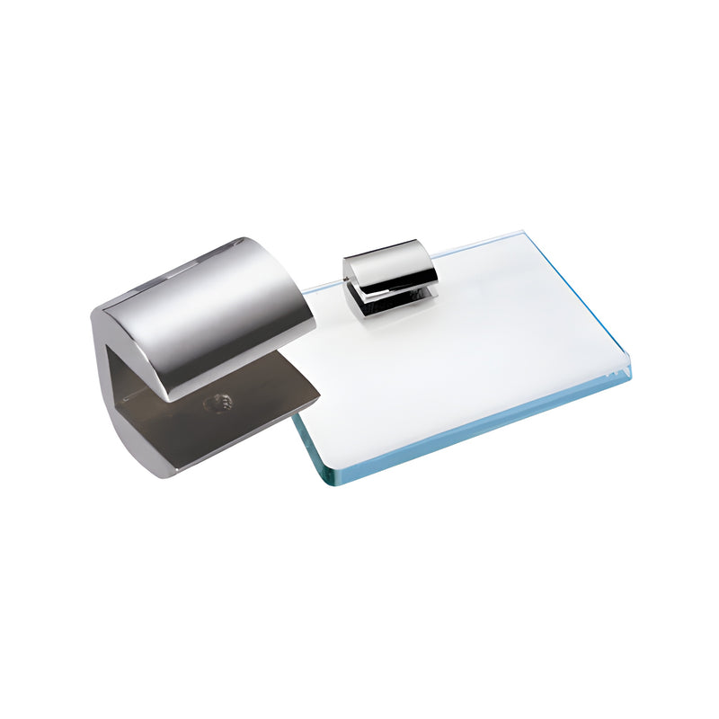 A polished chrome no-drill shelf clamp holding a piece of 1/2 inch thick glass.