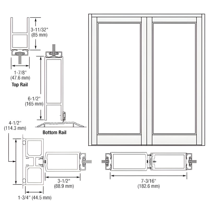 Technical line drawing showing the dimensions and profile of a Series 800 Durafront medium stile center hung entrance door pair.
