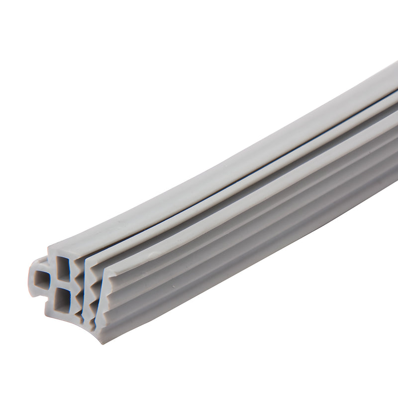 A close-up view of a gray EPDM rubber glazing gasket showing its ribbed profile and internal hollow chambers.