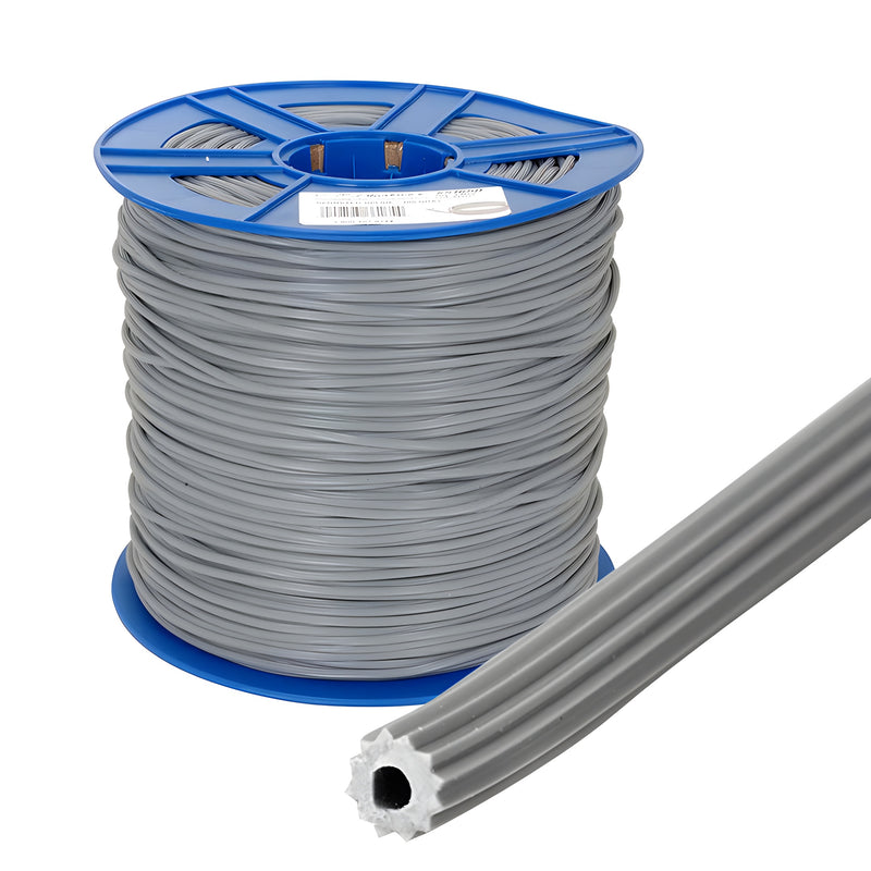 A large 15-pound spool of gray serrated hollow core vinyl screen retainer spline is shown with a close-up view of the spline profile.
