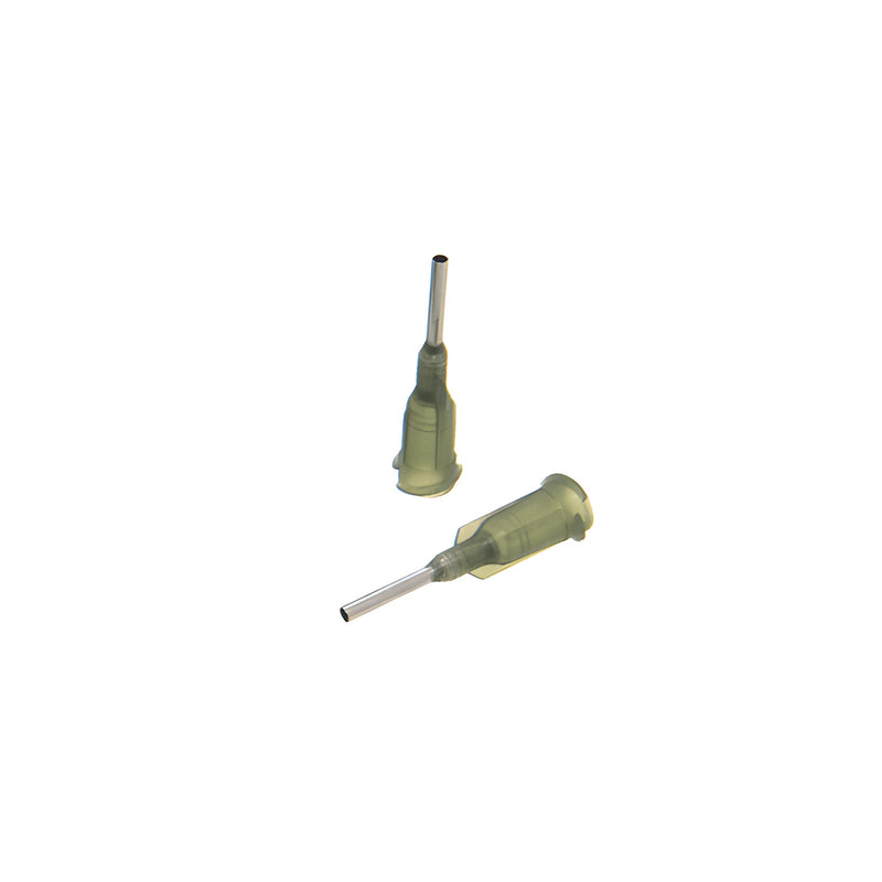 Two dark green UV adhesive dispensing needles with a 1.55 mm diameter are shown against a white background.