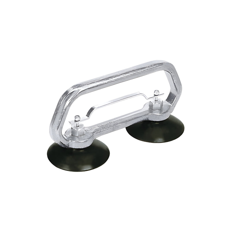 A metal CRL double cup vacuum lifter with two 4-inch black suction cups and a central release bar.