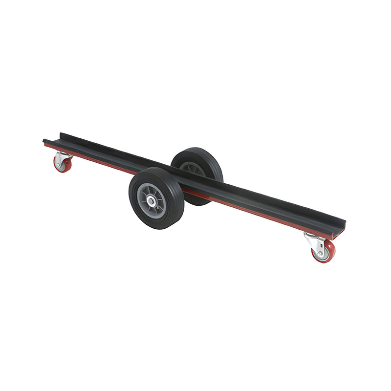 A 48-inch heavy-duty steel frame glass dolly with two large central wheels and two smaller swivel casters at the ends.