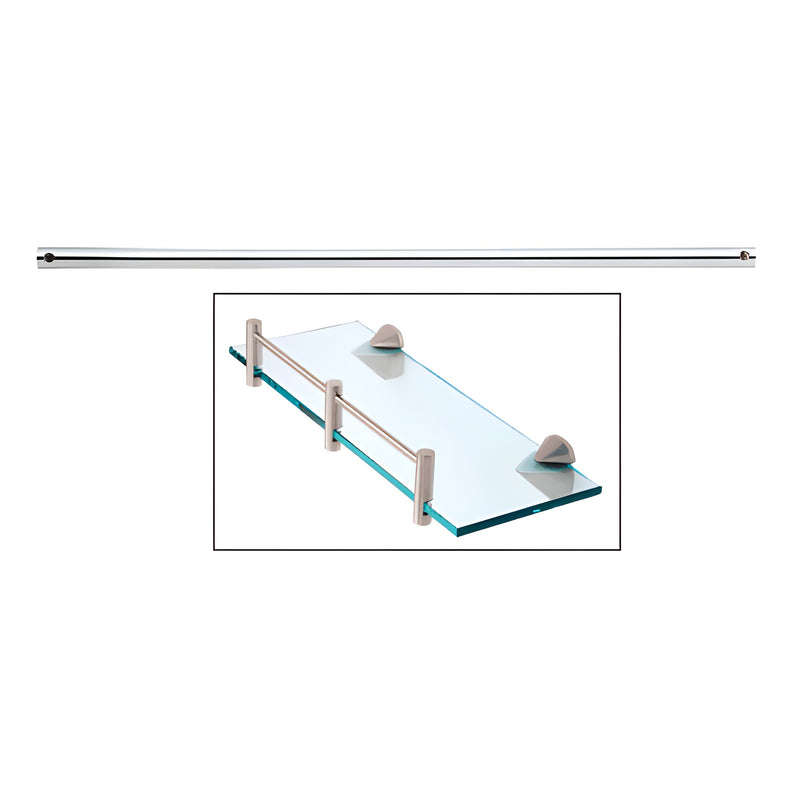 A 36-inch polished chrome metal shelf rod shown individually and installed as a safety rail on a glass shelf.