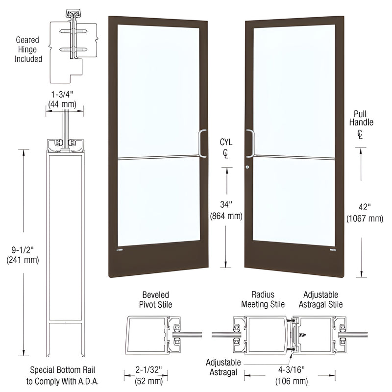 Technical diagram showing a pair of black bronze anodized narrow stile entrance doors with geared hinges and ADA-compliant bottom rails.