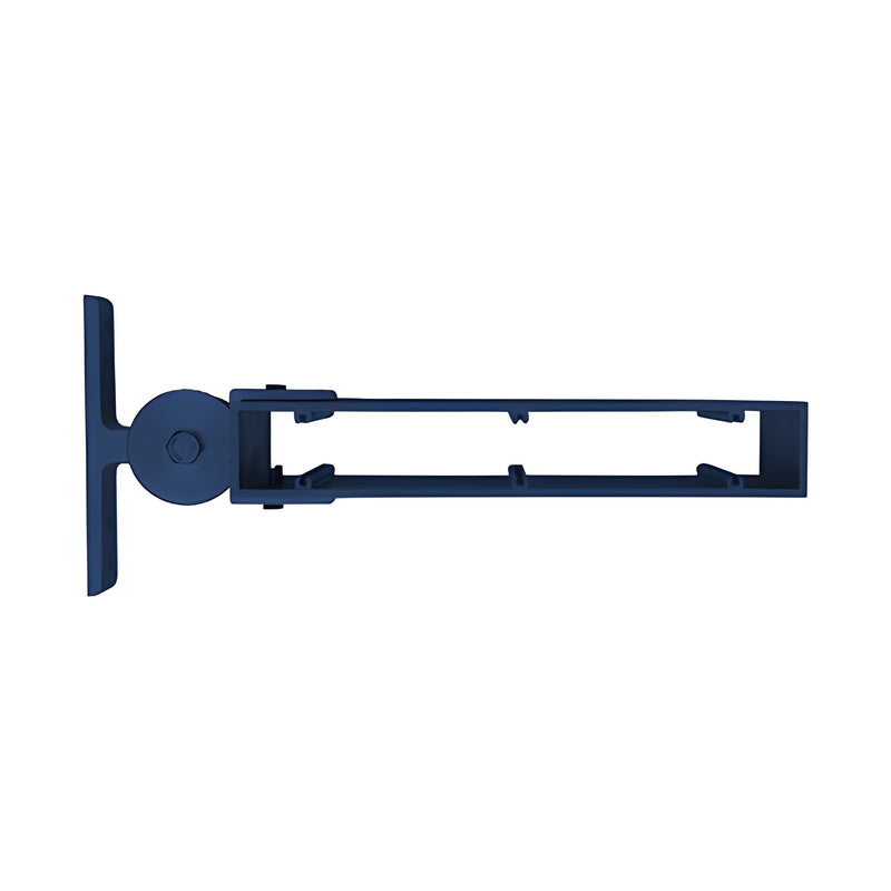 A side view of a blue rectangular single adjustable mounting bracket with a powder coat finish.