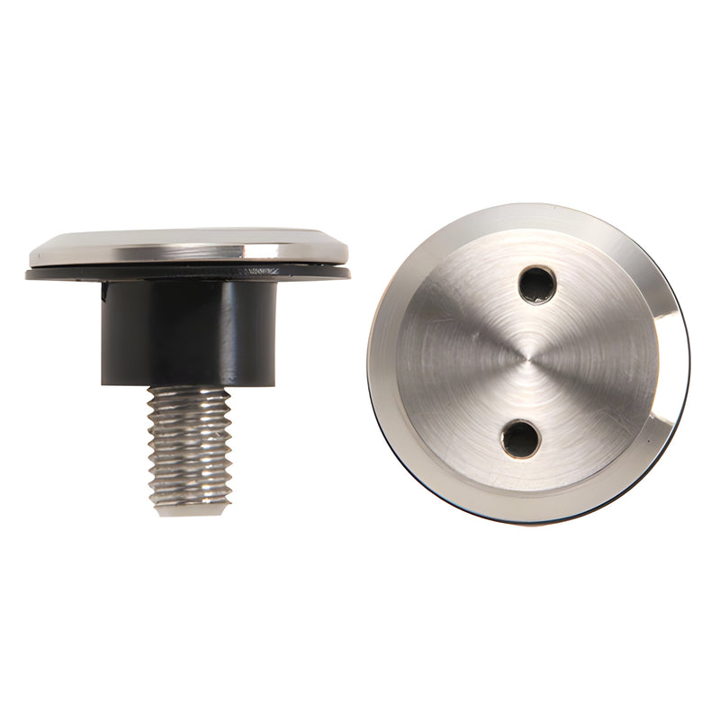 Side and top views of a brushed stainless steel surface mount screw and gasket assembly for Laguna rollers.