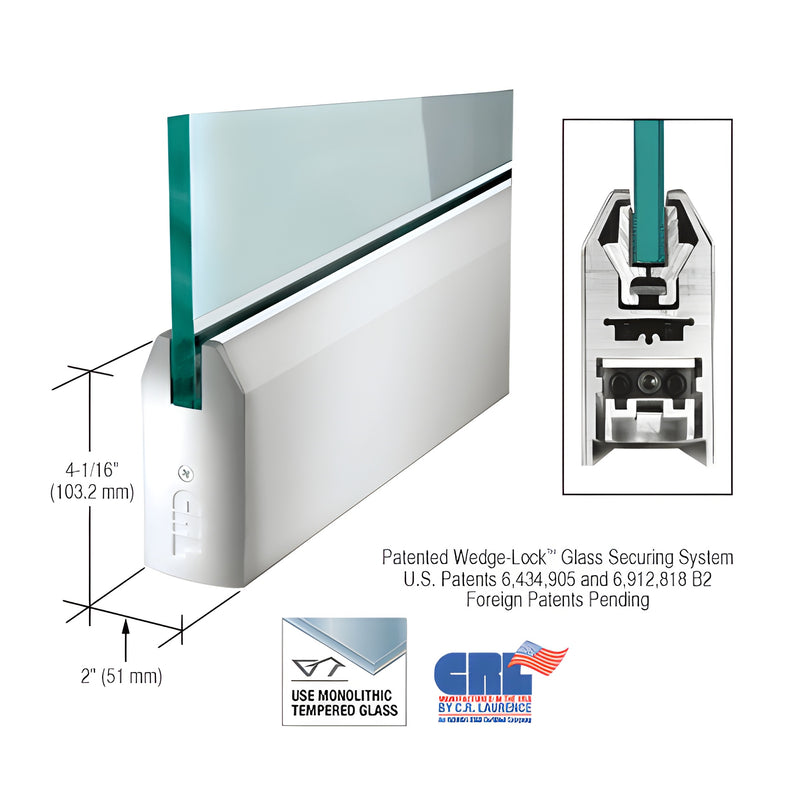 A polished stainless steel tapered door rail securing a 1/2 inch glass panel, shown with a cross-section diagram and dimensional measurements.