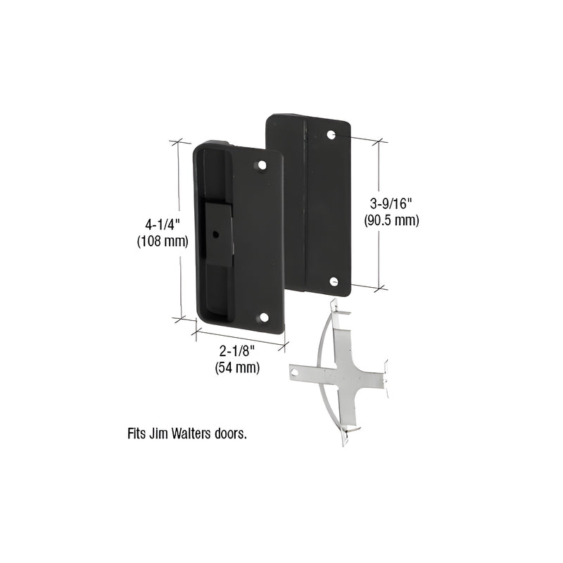 A black plastic sliding screen door latch and pull assembly with a steel latch component and dimension labels.