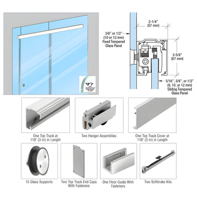 CRL285 Series Satin Anodized Glass Mount Single Slider Kit for 5/16", 3/8", 1/2" - 118"