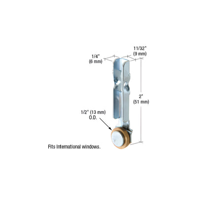 CRL 1/2" Flat Edge Brass Sliding Window Roller With Stamped Steel Bracket for International Windows