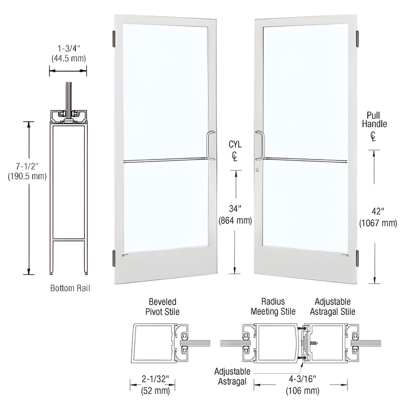 A technical diagram showing a pair of white narrow stile entrance doors with butt hinges, bottom rail dimensions, and stile profiles.