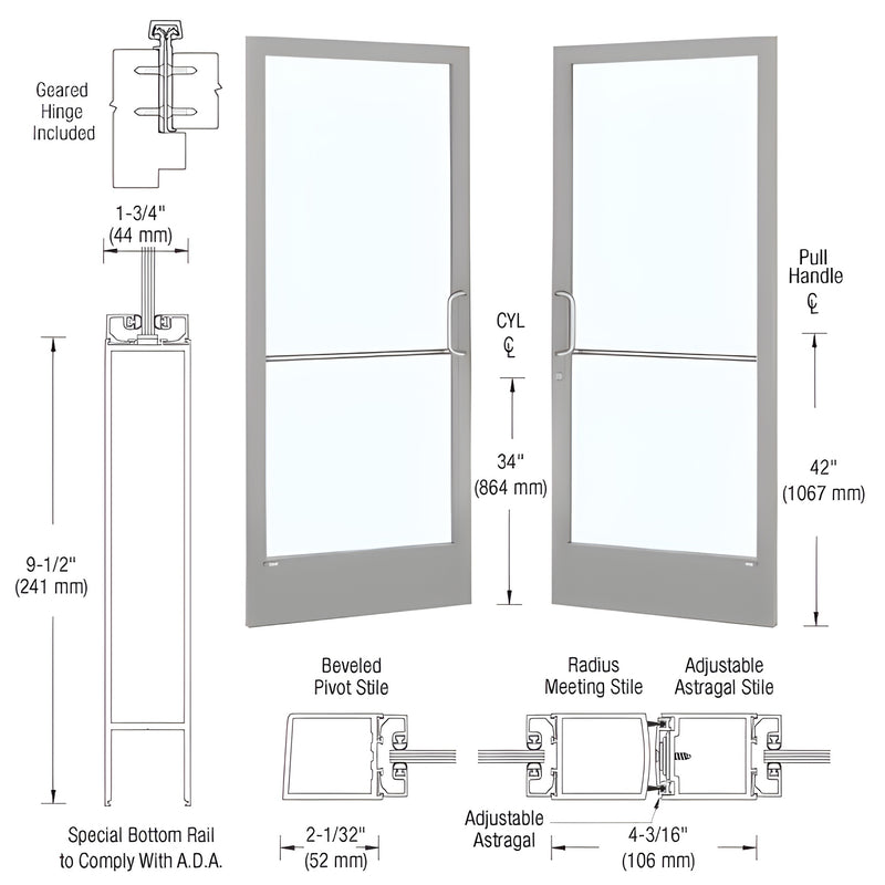 Technical diagram showing a pair of narrow stile aluminum entrance doors with geared hinges and ADA-compliant bottom rails.