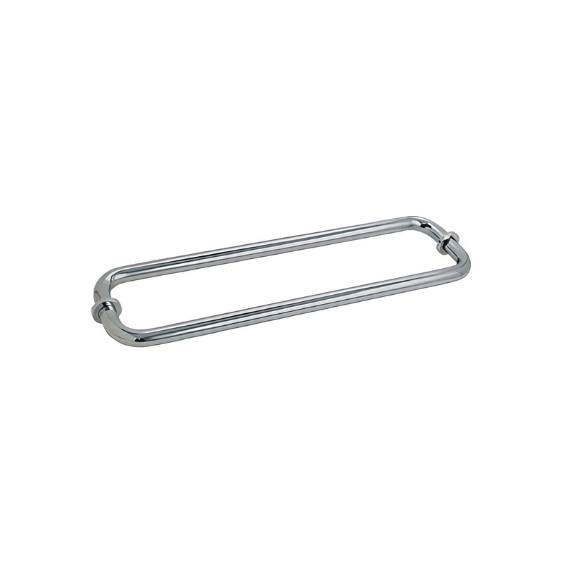 A polished nickel tubular towel bar designed for back-to-back glass mounting with metal washers.