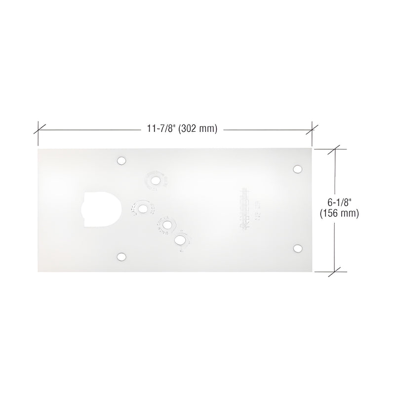 A technical diagram showing the dimensions and screw hole layout of a Rixson 28 series left hand floor mounted door closer cover plate.