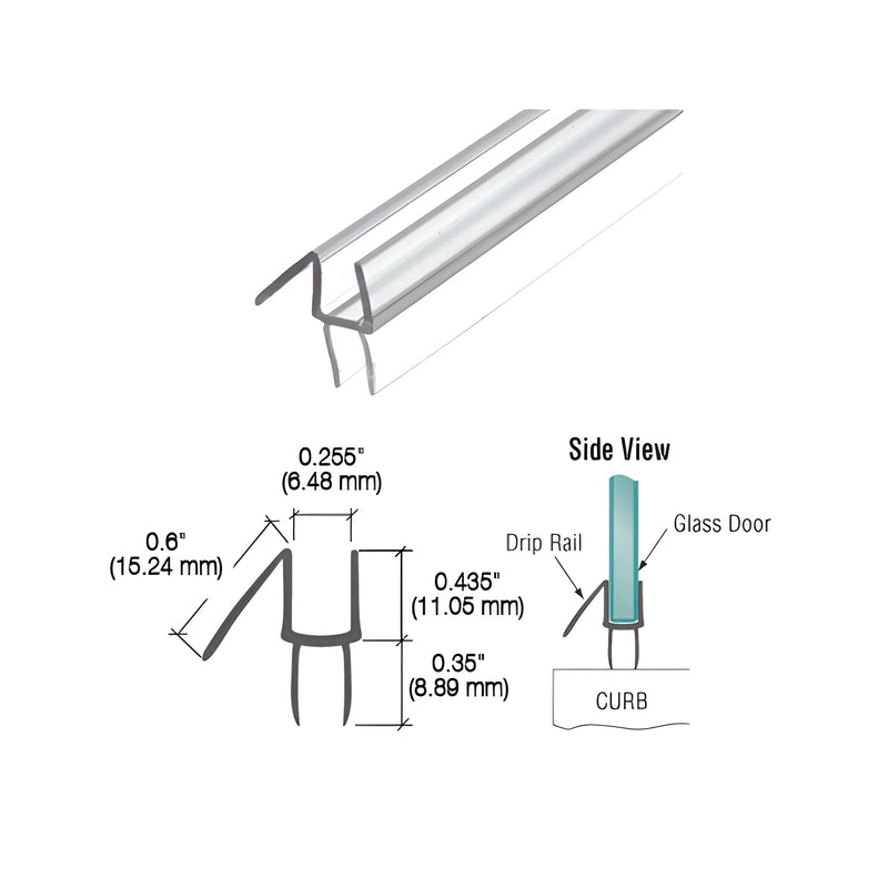 A clear polycarbonate bottom wipe with a drip rail designed for 1/4 inch thick glass shower doors.