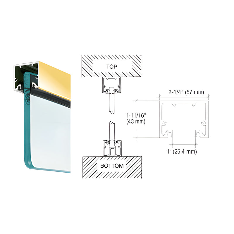 A diagram showing a polished brass U-channel profile with top load roll-in glazing gasket installed on 3/4 inch thick glass.