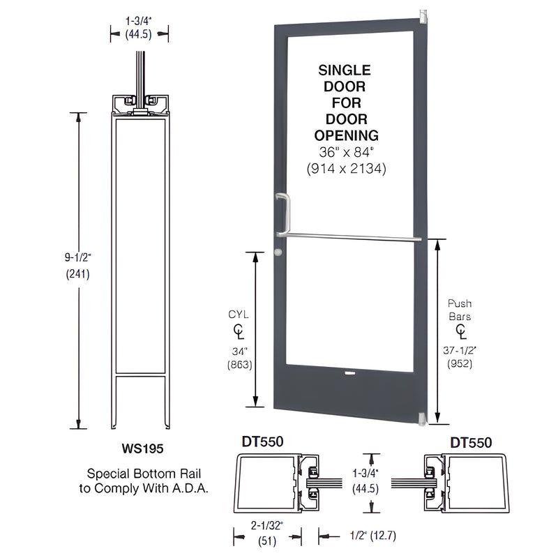 A technical diagram showing the dimensions and components of a 250 Series narrow stile single door with a black bronze anodized finish.
