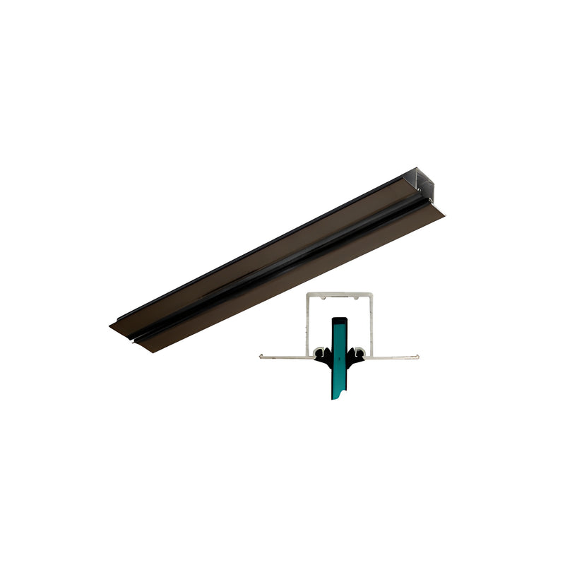 A dark bronze anodized pocket snap-in channel shown with a cross-section diagram illustrating how 3/8 inch glass fits into the profile.