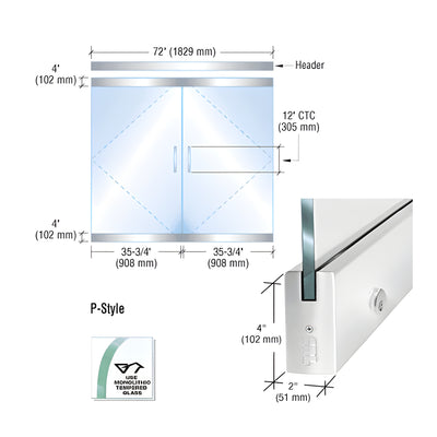 CRL Dry Glazed Frameless Glass 6'-0" P-Style Polished Stainless Double Door Complete Entrance Kit - with Lock